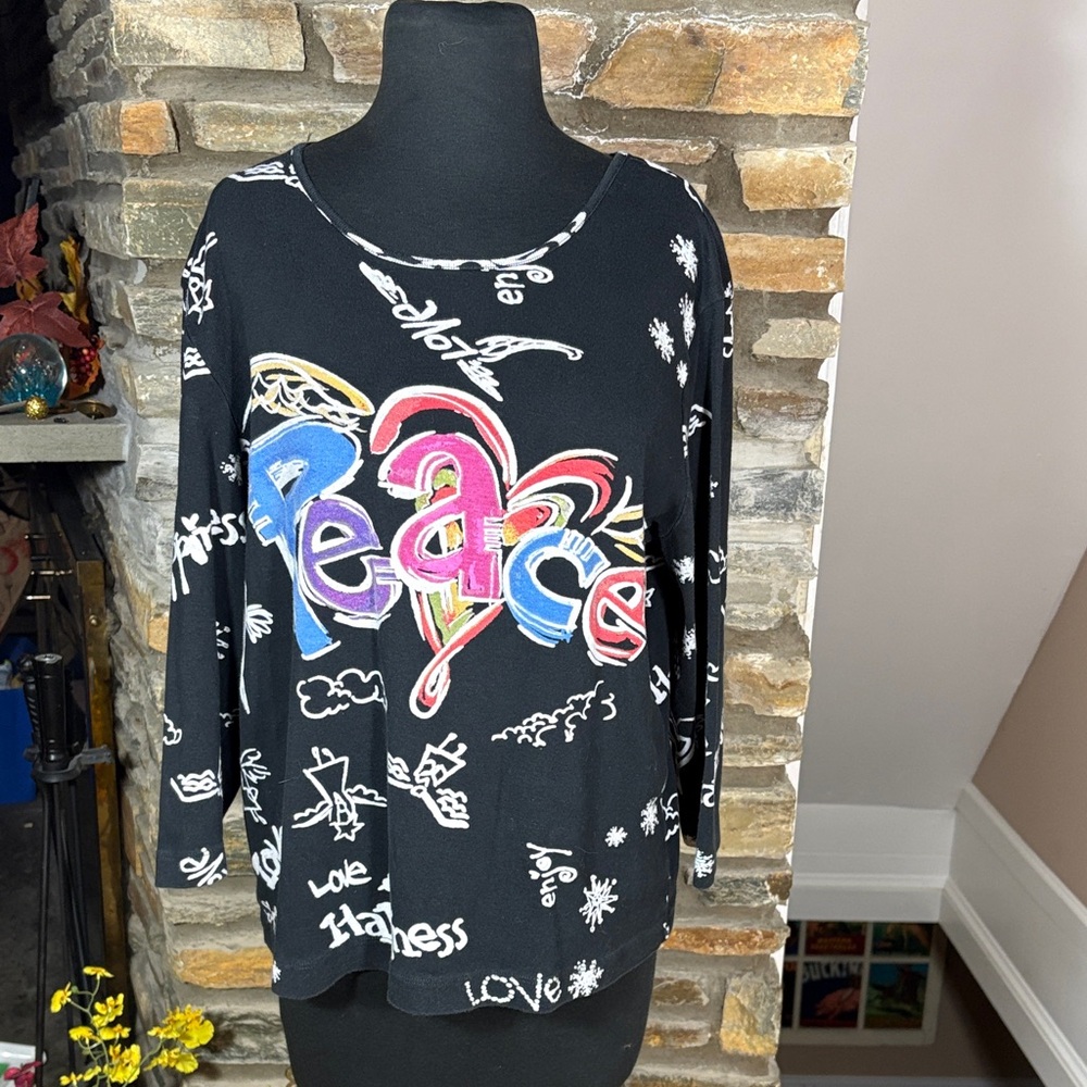 Chico's Black Long Sleeve Tee with Colorful Peace Design
